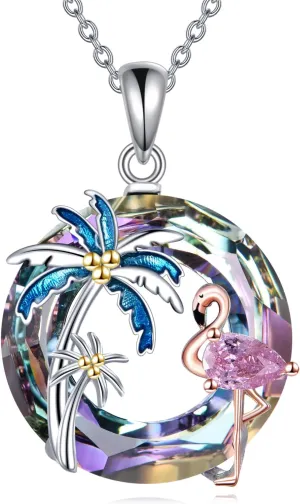 Flamingo Necklace for Women 925 Sterling Silver Flamingo Pendant Palm Trees Necklace Crystal Jewelry Gift