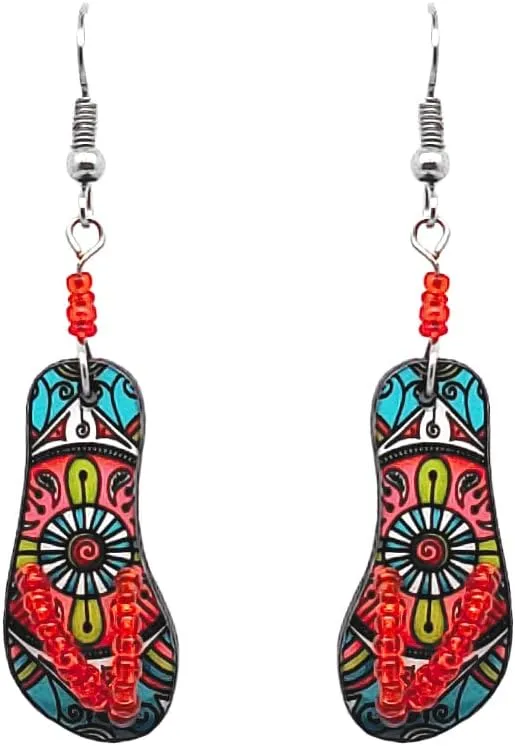 Flip Flop Sandal Dangle Tropical Pattern Graphic Earrings - Womens Fashion Handmade Jewelry Beach Accessories