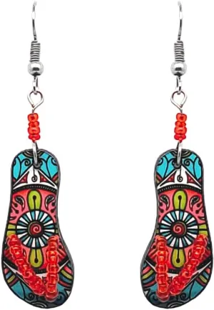 Flip Flop Sandal Dangle Tropical Pattern Graphic Earrings - Womens Fashion Handmade Jewelry Beach Accessories
