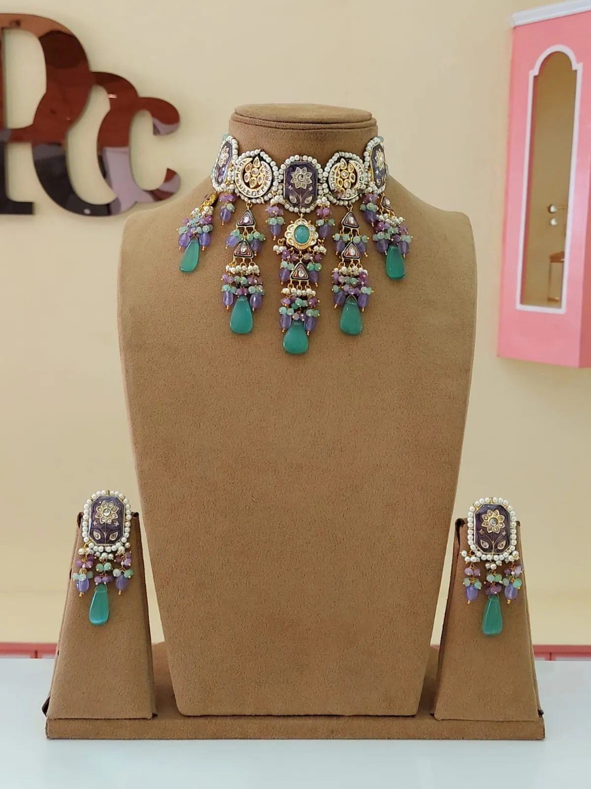 Floral Pakistani Polki Choker Earrings Set, Jaipuri Polki Choker Earrings Set, Rajsthani Jewelry Set, Indian Polki Jewelry Set, Bridal Polki Choker Set
