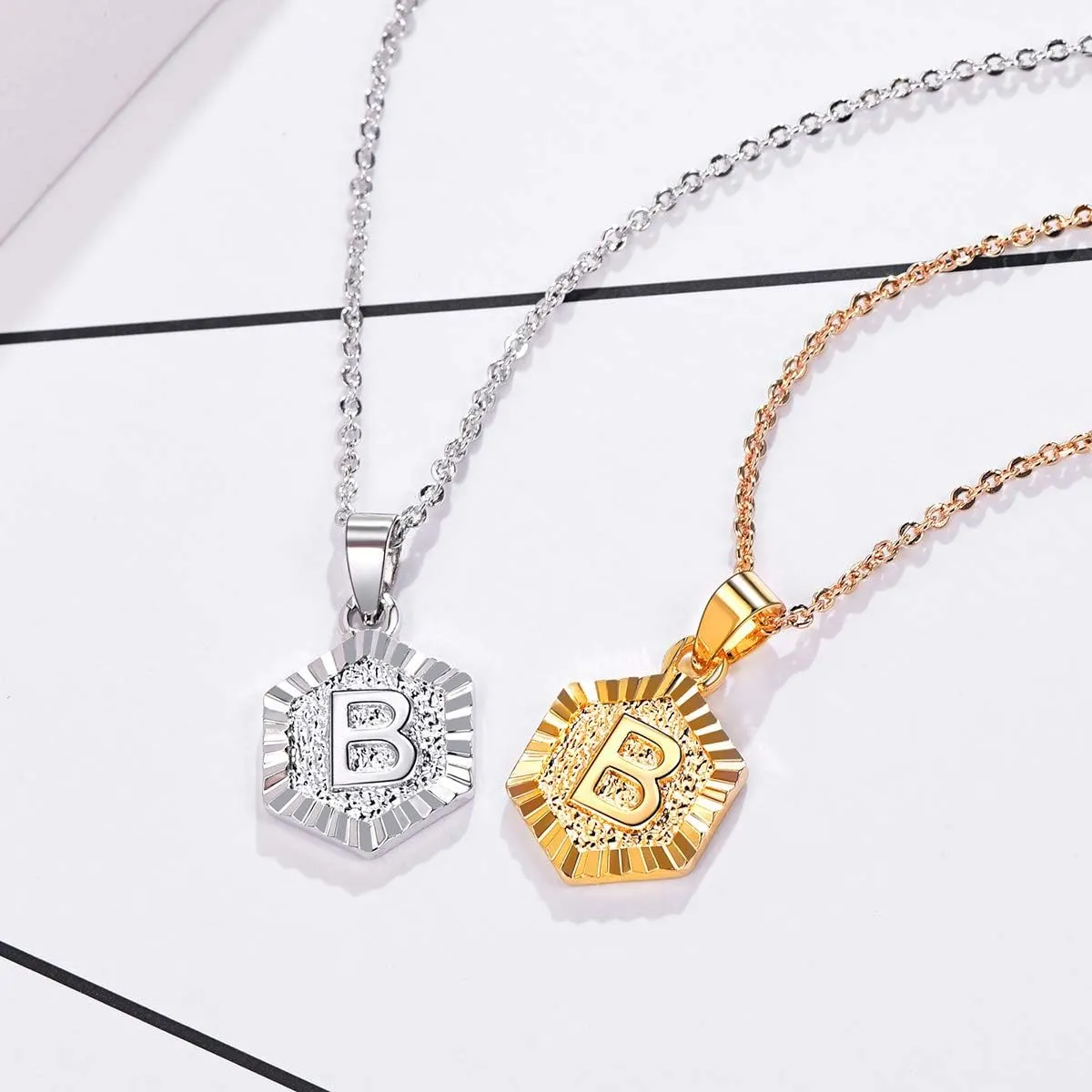 FOCALOOK Initial Necklaces for Women Yellow Gold/Platinum Plated Hexagon Letter Pendant Necklace 18 Inch