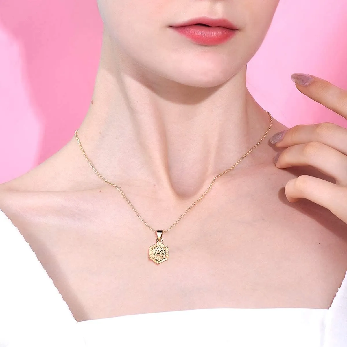 FOCALOOK Initial Necklaces for Women Yellow Gold/Platinum Plated Hexagon Letter Pendant Necklace 18 Inch
