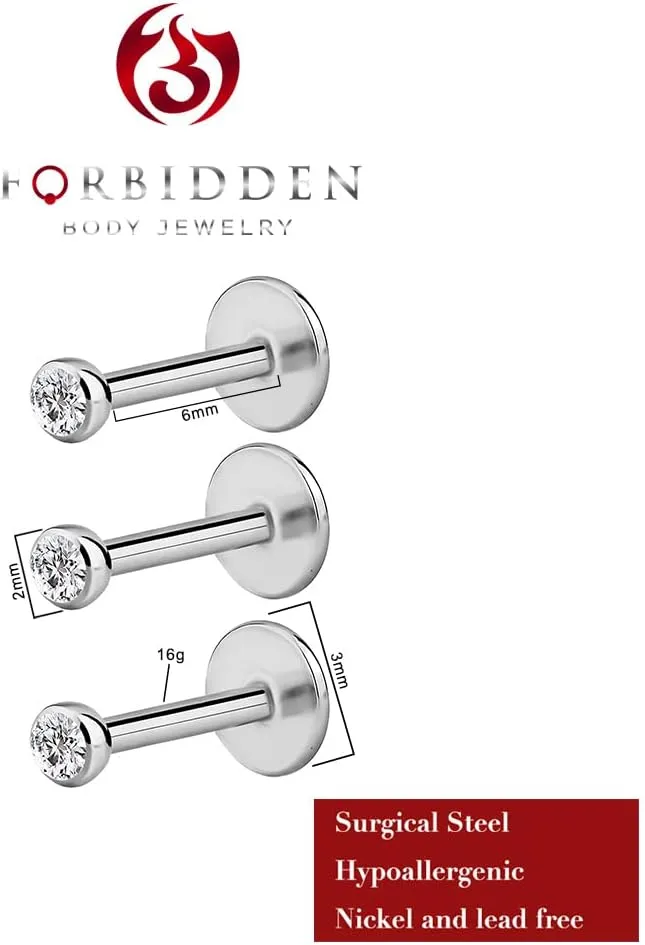 Forbidden Body 16G Jewelry Surgical Steel Internally Threaded Micro CZ Gem Tragus/Labret/Helix Piercing Stud/2mm Top (6mm-10mm)