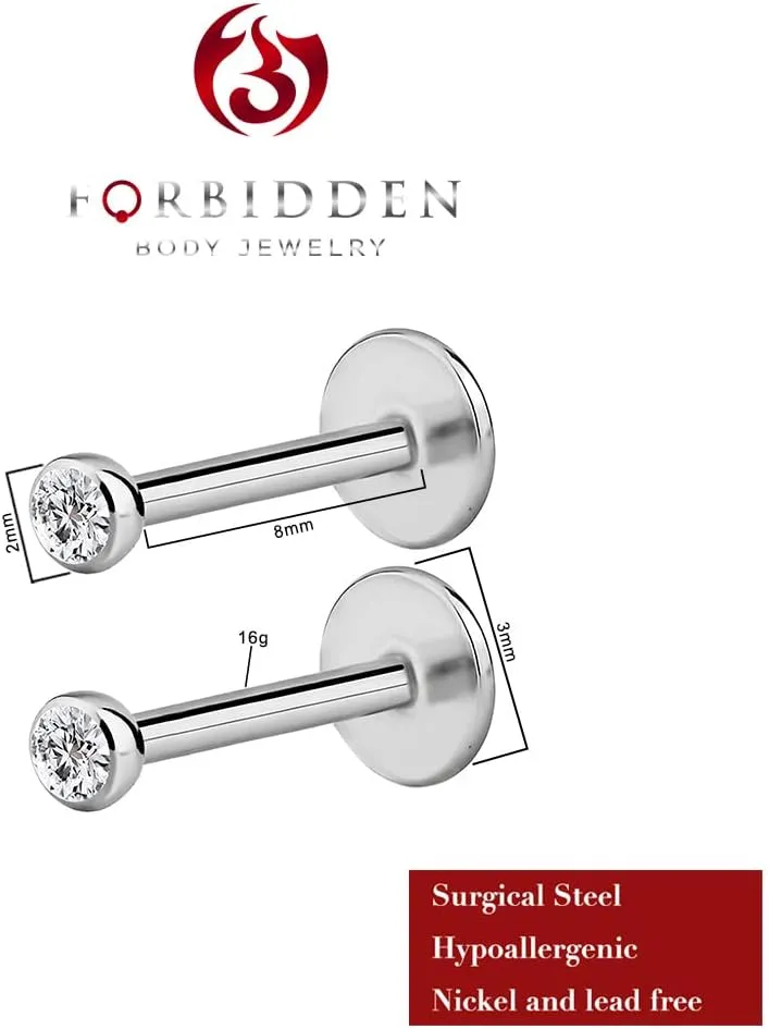 Forbidden Body 16G Jewelry Surgical Steel Internally Threaded Micro CZ Gem Tragus/Labret/Helix Piercing Stud/2mm Top (6mm-10mm)