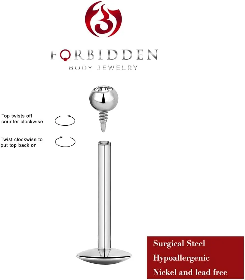 Forbidden Body 16G Jewelry Surgical Steel Internally Threaded Micro CZ Gem Tragus/Labret/Helix Piercing Stud/2mm Top (6mm-10mm)
