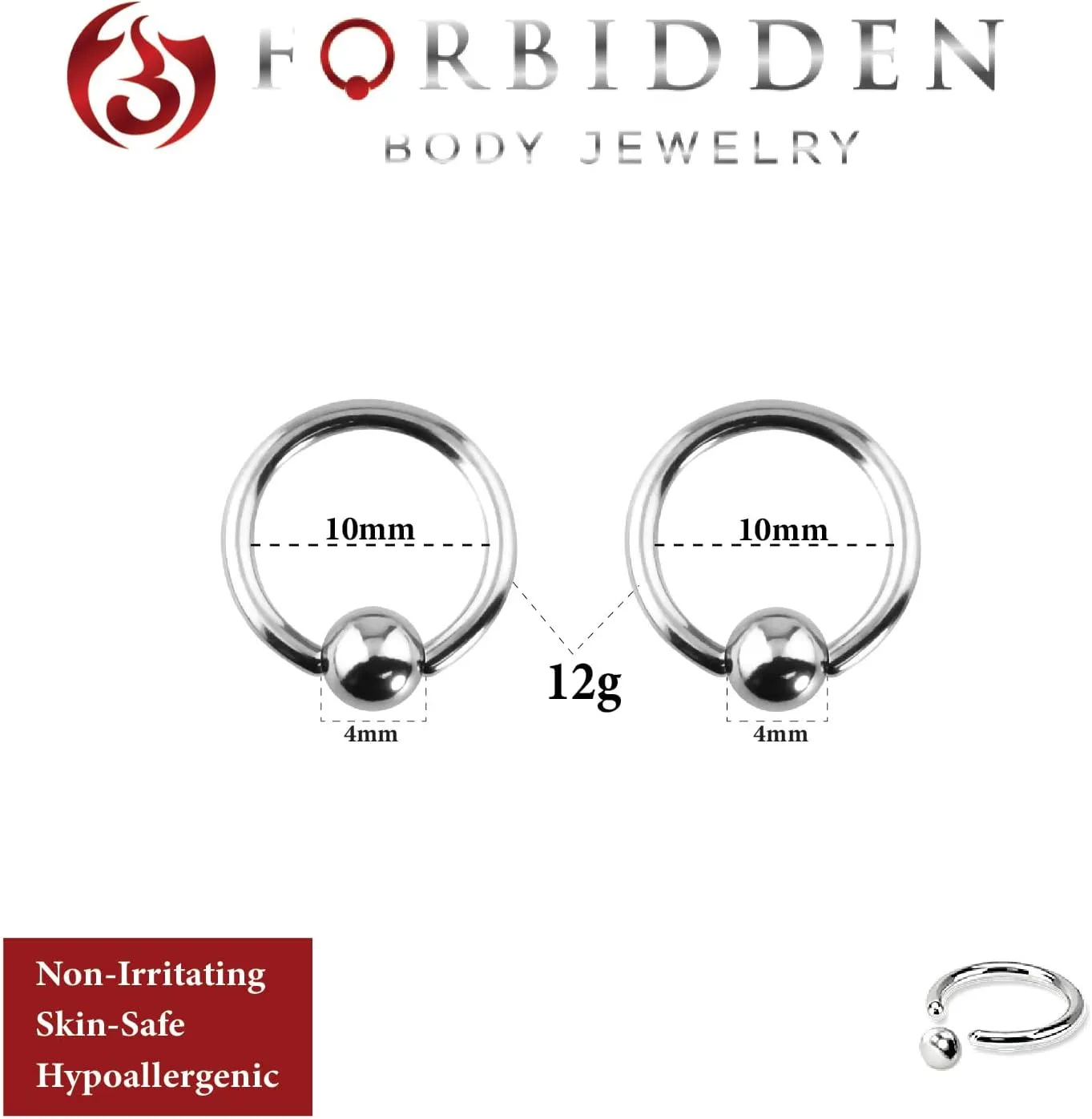 Forbidden Body Jewelry 12G-OG Surgical Steel Piercing Hoops Large Gauge Size Captive Bead Body Piercing Rings 2pcs (Select Gauge/Diameter)