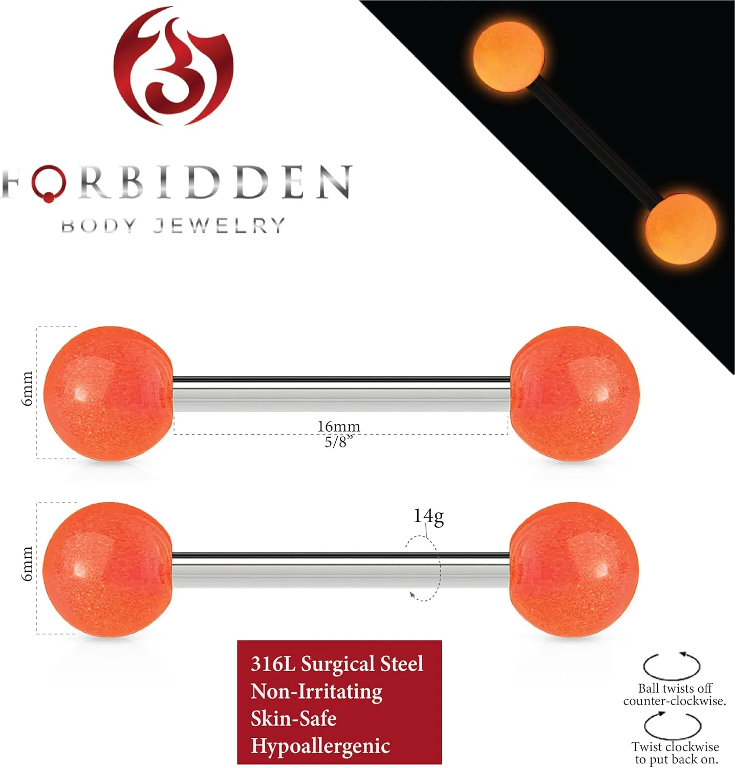 Forbidden Body Jewelry 14G Stainless Steel Glow In The Dark Nipple & Tongue Rings Barbells,16mm (Sold as a Pair)