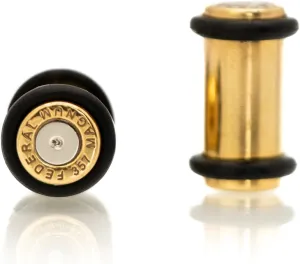 Forbidden Body Jewelry Ear Gauges, Gold Tone Surgical Steel .357 Magnum Bullet Plugs with O-Rings, Gauges For Ears, 2G-1 Inch Ear Tunnels, Earrings for Men and Women, Sold as Pair