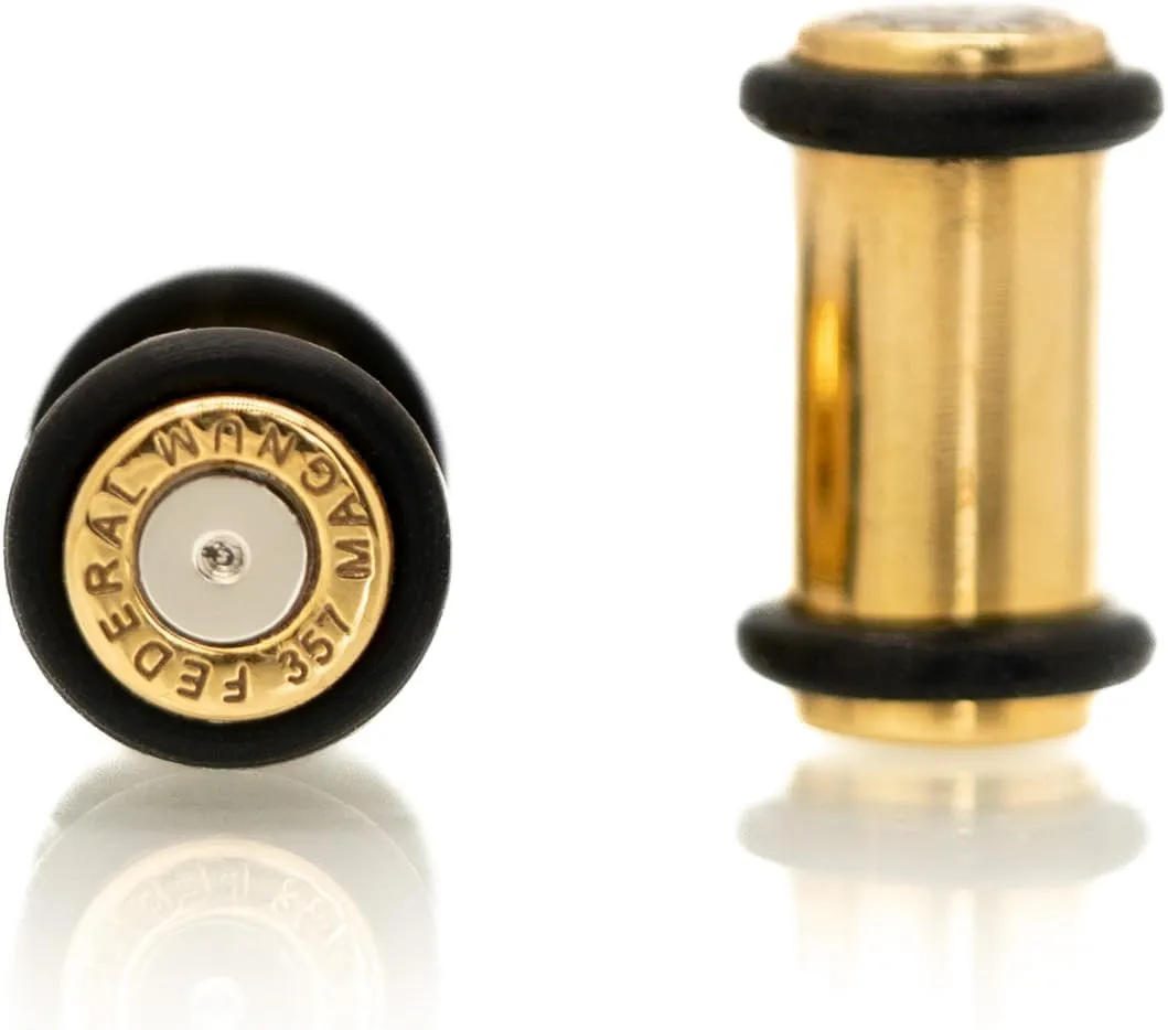 Forbidden Body Jewelry Ear Gauges, Gold Tone Surgical Steel .357 Magnum Bullet Plugs with O-Rings, Gauges For Ears, 2G-1 Inch Ear Tunnels, Earrings for Men and Women, Sold as Pair