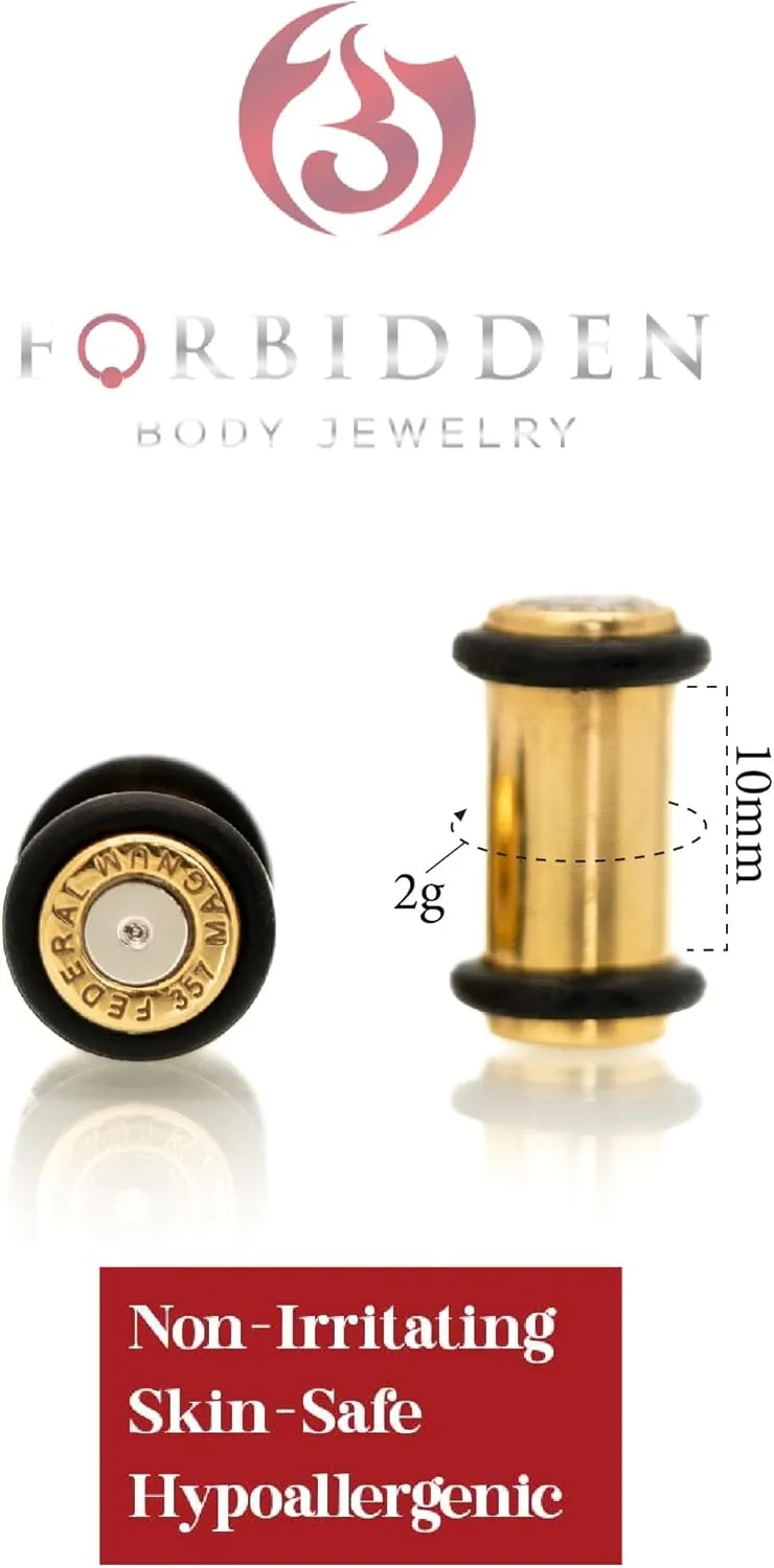 Forbidden Body Jewelry Ear Gauges, Gold Tone Surgical Steel .357 Magnum Bullet Plugs with O-Rings, Gauges For Ears, 2G-1 Inch Ear Tunnels, Earrings for Men and Women, Sold as Pair