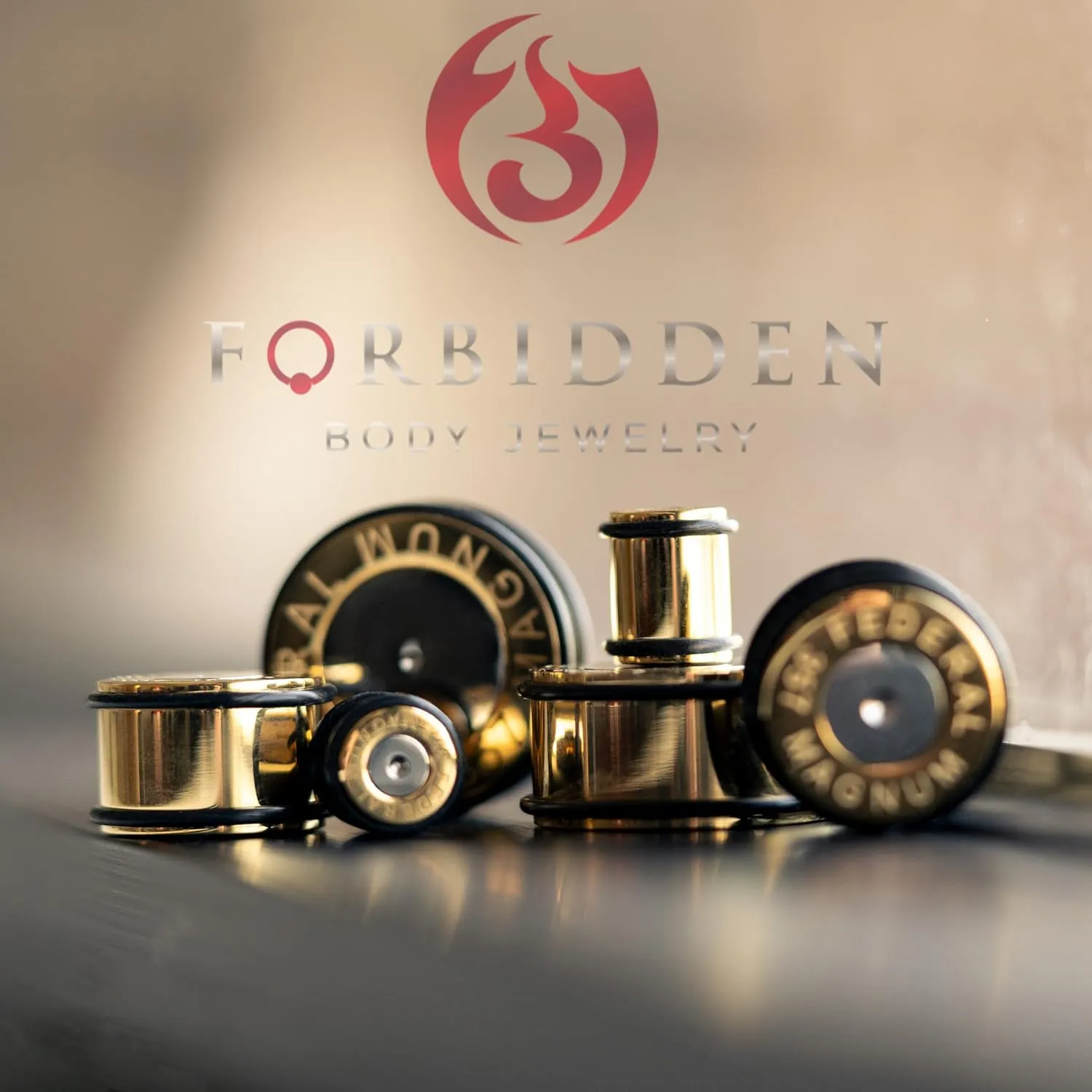 Forbidden Body Jewelry Ear Gauges, Gold Tone Surgical Steel .357 Magnum Bullet Plugs with O-Rings, Gauges For Ears, 2G-1 Inch Ear Tunnels, Earrings for Men and Women, Sold as Pair