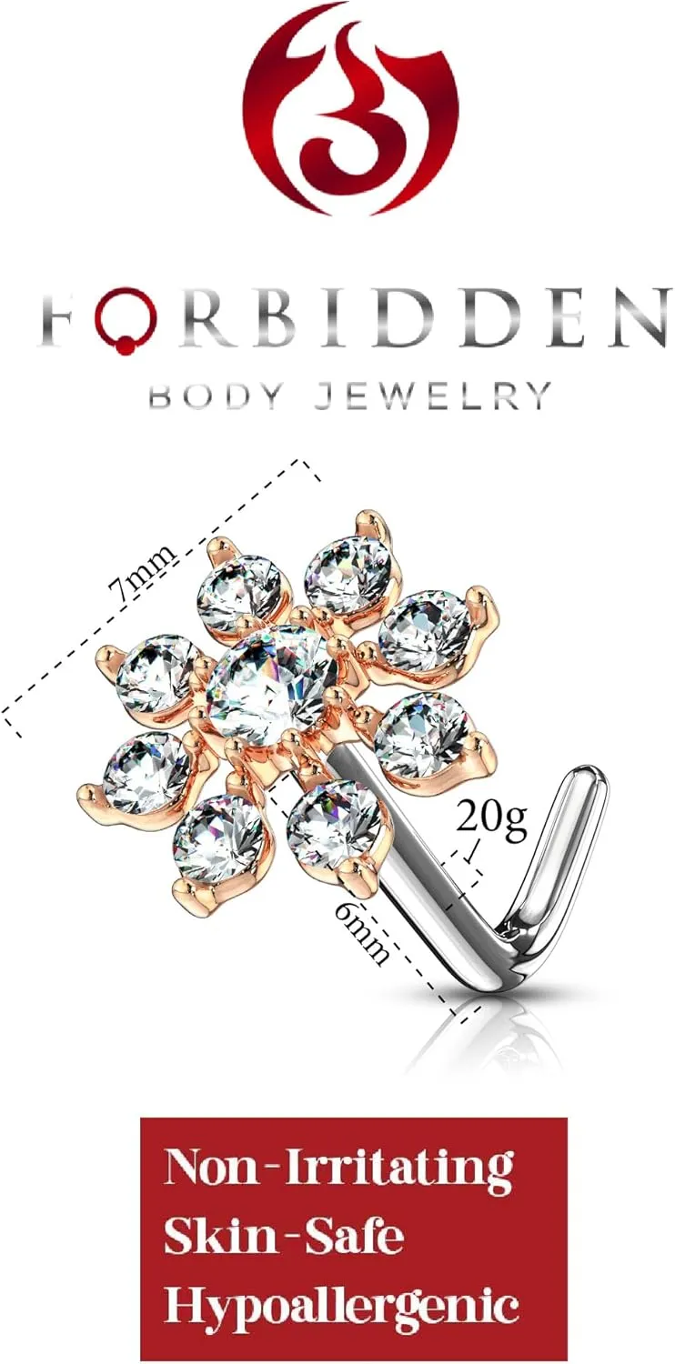 Forbidden Body Jewelry Nose Rings Big Bling CZ Snowflake L-Shaped Nose Stud Surgical Steel (20g,7mm)