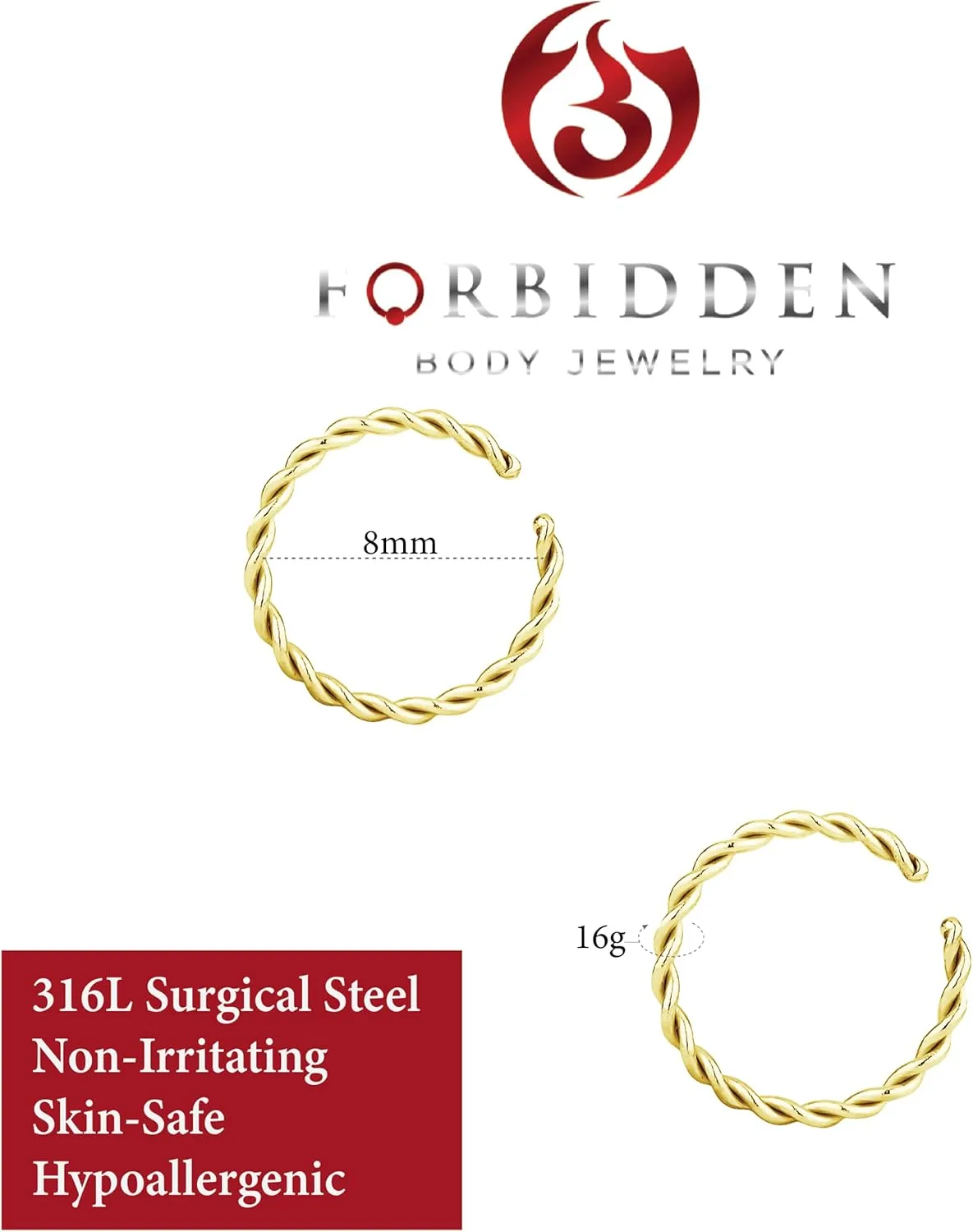 Forbidden Body Jewelry Nose Rings Set Surgical Steel Braided Hoops for Pierced and Fake Nose and Cartilage Piercings 14G-20G