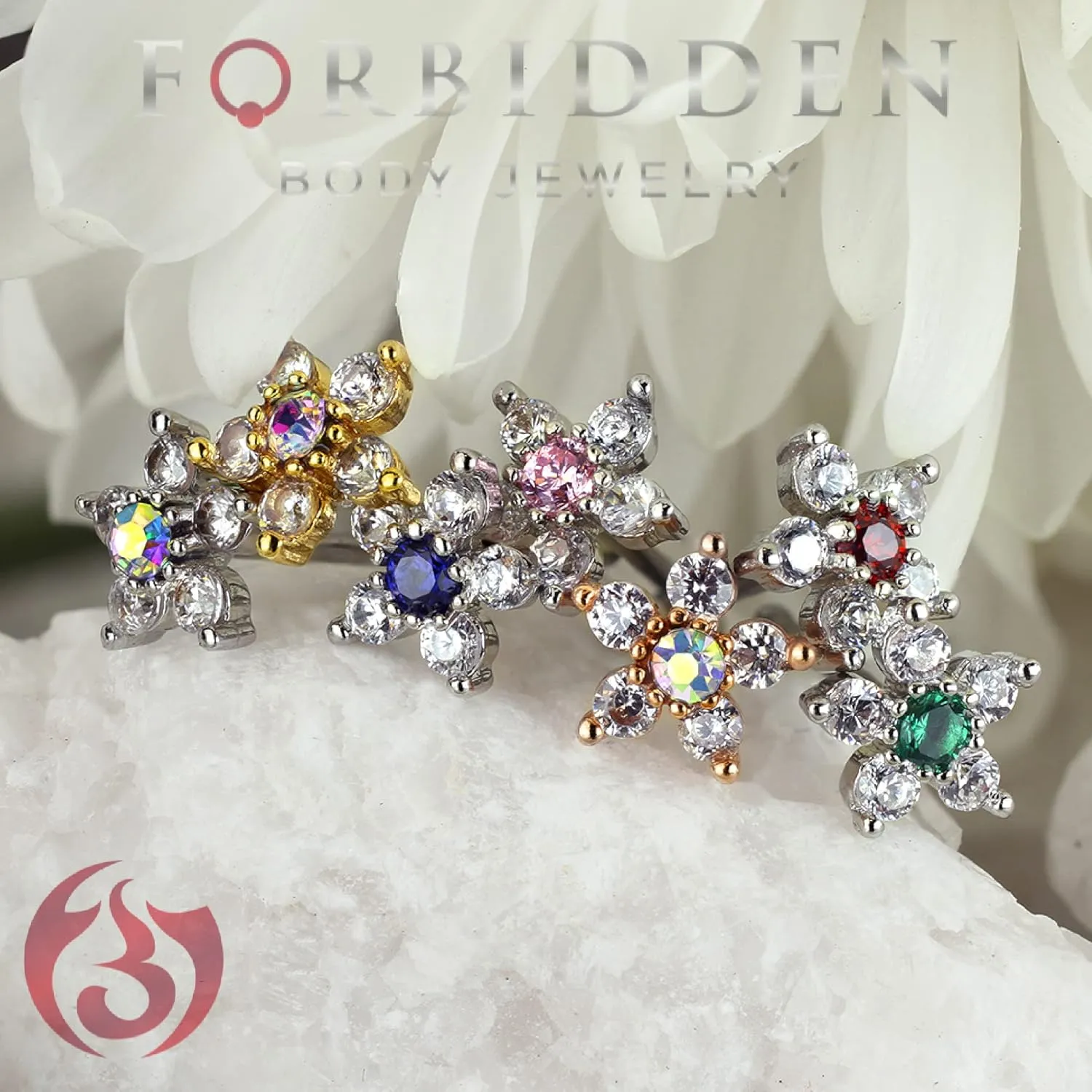 Forbidden Body Jewelry Nose Rings Surgical Steel 20G Nose Stud with Big Bling Two-Tone 6-CZ Flower Top