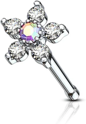 Forbidden Body Jewelry Nose Rings Surgical Steel 20G Nose Stud with Big Bling Two-Tone 6-CZ Flower Top