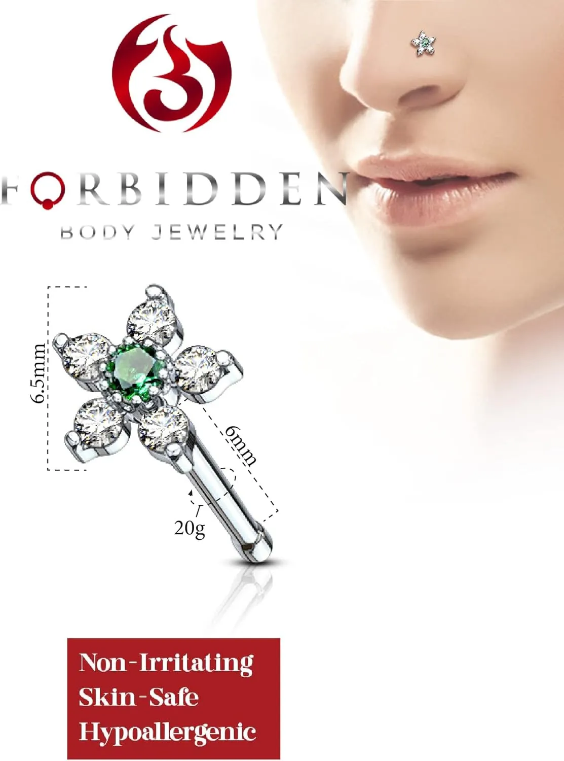 Forbidden Body Jewelry Nose Rings Surgical Steel 20G Nose Stud with Big Bling Two-Tone 6-CZ Flower Top