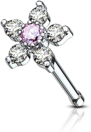 Forbidden Body Jewelry Nose Rings Surgical Steel 20G Nose Stud with Big Bling Two-Tone 6-CZ Flower Top