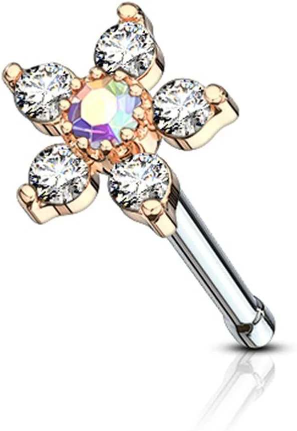 Forbidden Body Jewelry Nose Rings Surgical Steel 20G Nose Stud with Big Bling Two-Tone 6-CZ Flower Top