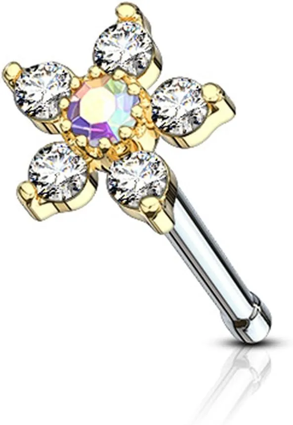 Forbidden Body Jewelry Nose Rings Surgical Steel 20G Nose Stud with Big Bling Two-Tone 6-CZ Flower Top