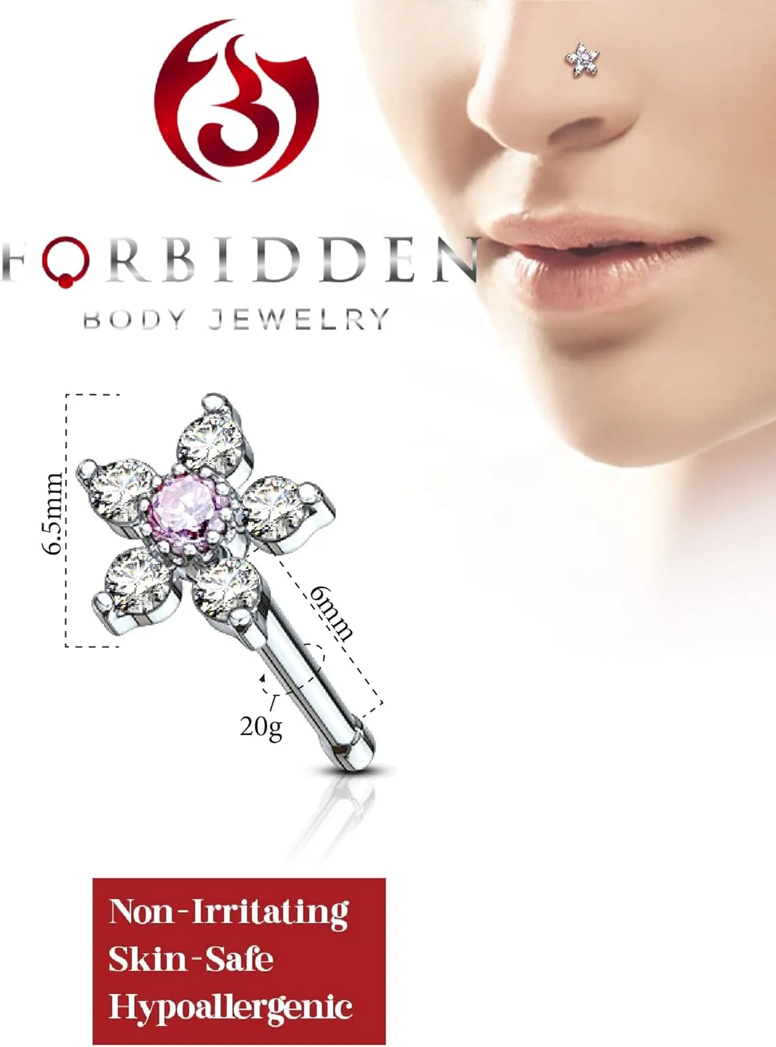 Forbidden Body Jewelry Nose Rings Surgical Steel 20G Nose Stud with Big Bling Two-Tone 6-CZ Flower Top