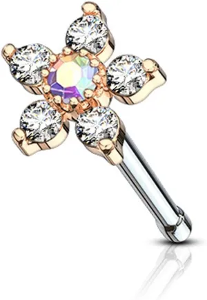 Forbidden Body Jewelry Nose Rings Surgical Steel 20G Nose Stud with Big Bling Two-Tone 6-CZ Flower Top