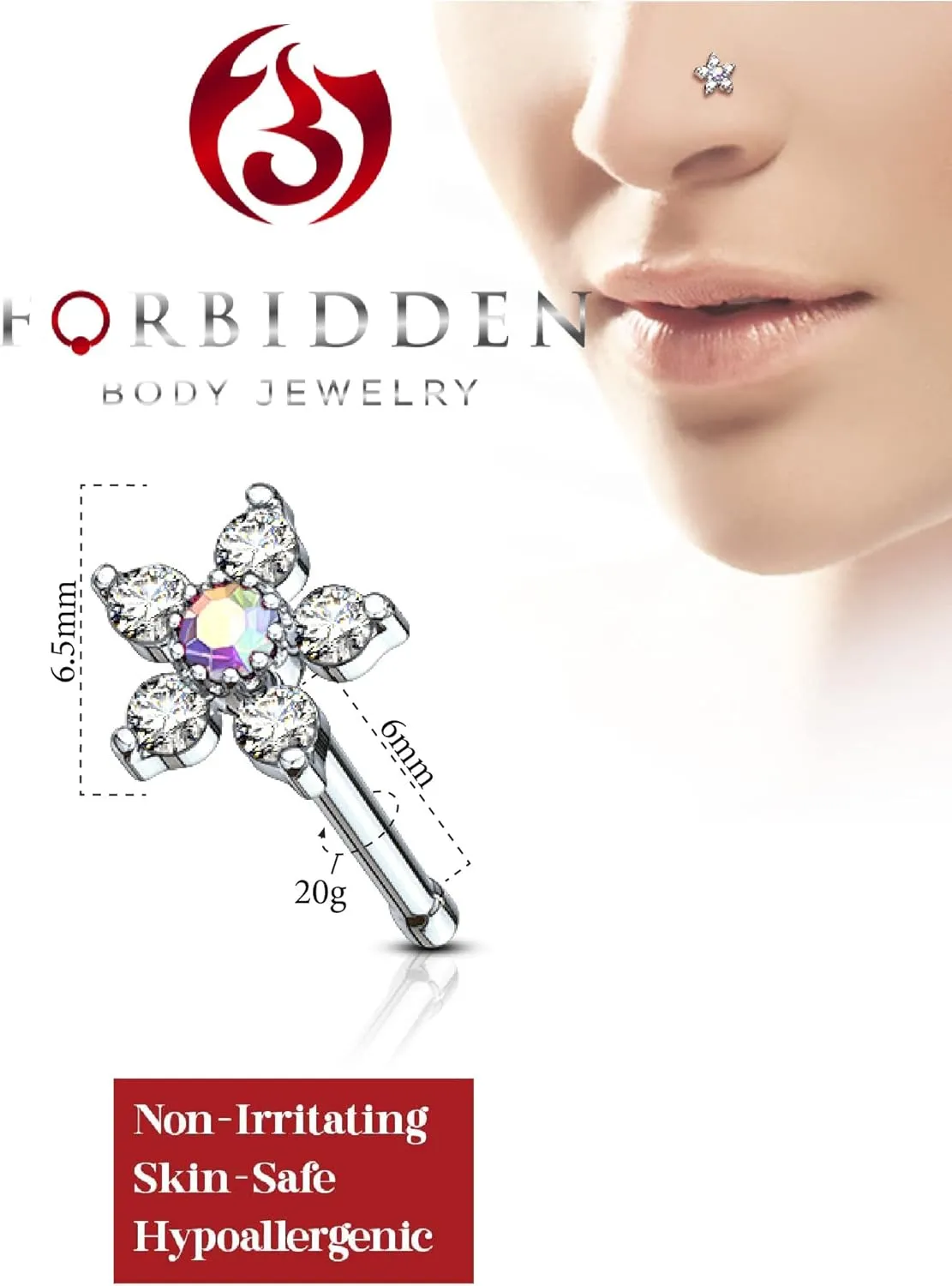 Forbidden Body Jewelry Nose Rings Surgical Steel 20G Nose Stud with Big Bling Two-Tone 6-CZ Flower Top