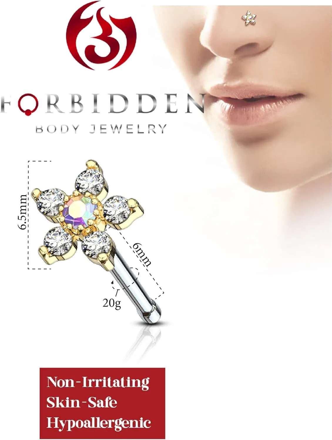 Forbidden Body Jewelry Nose Rings Surgical Steel 20G Nose Stud with Big Bling Two-Tone 6-CZ Flower Top