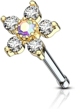 Forbidden Body Jewelry Nose Rings Surgical Steel 20G Nose Stud with Big Bling Two-Tone 6-CZ Flower Top