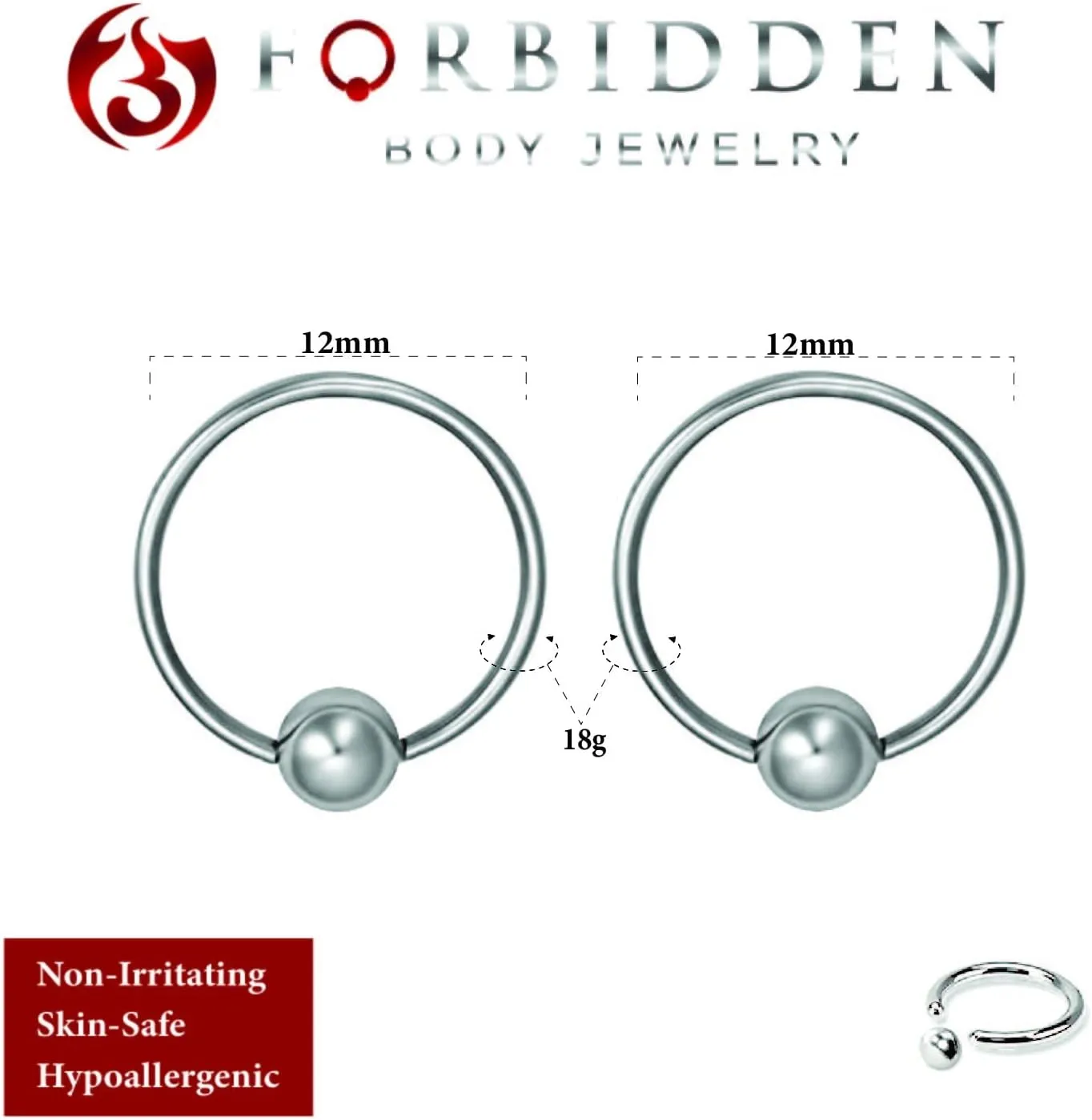 Forbidden Body Jewelry Stainless Steel Captive Bead Ring, Captive Bead Ball, Captive Hoop Cartilage, 14g-20g Every-Day Surgical Steel Captive Bead Ring Body Piercing Hoops