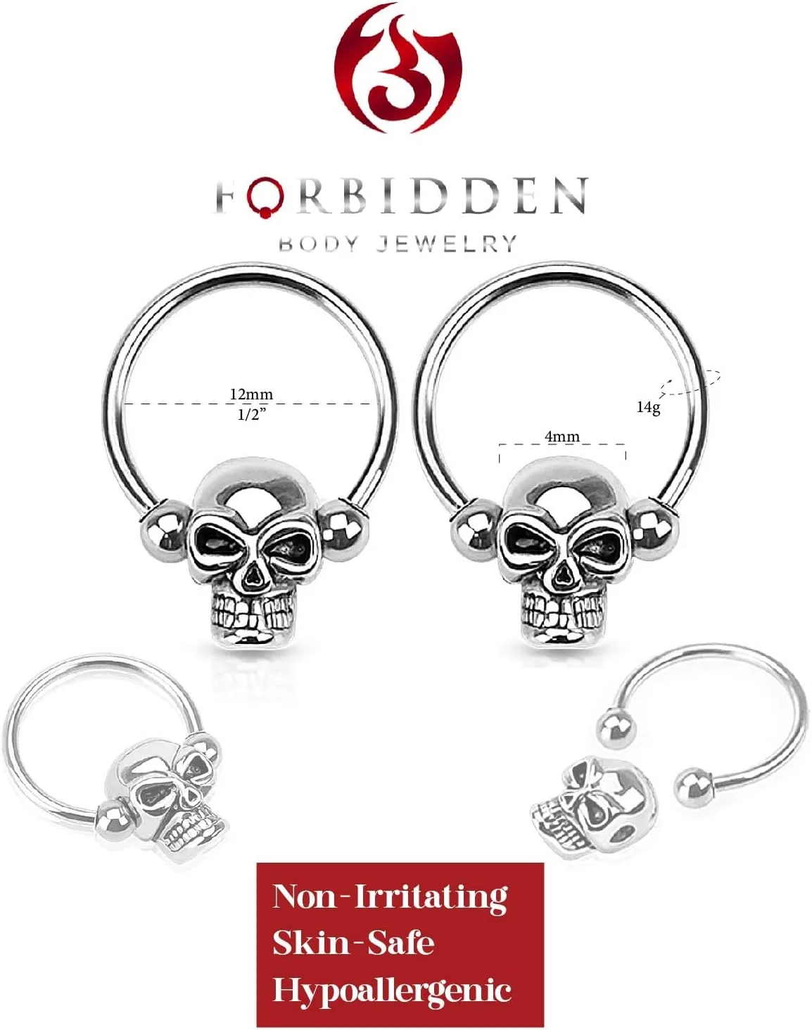 Forbidden Body Jewelry Surgical Steel Skull Captive Bead Ring Hoops, Skull Septum Ring, Nipple Ring, CBR 14G-16G (Sold as Set or Single)