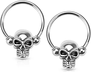 Forbidden Body Jewelry Surgical Steel Skull Captive Bead Ring Hoops, Skull Septum Ring, Nipple Ring, CBR 14G-16G (Sold as Set or Single)
