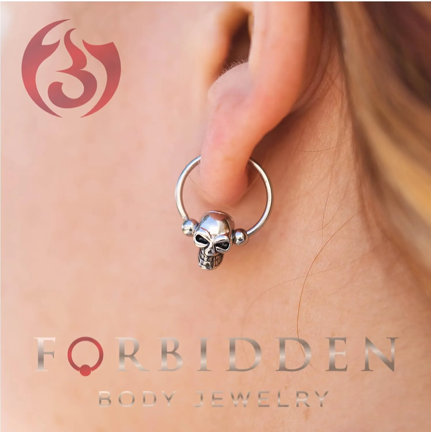 Forbidden Body Jewelry Surgical Steel Skull Captive Bead Ring Hoops, Skull Septum Ring, Nipple Ring, CBR 14G-16G (Sold as Set or Single)