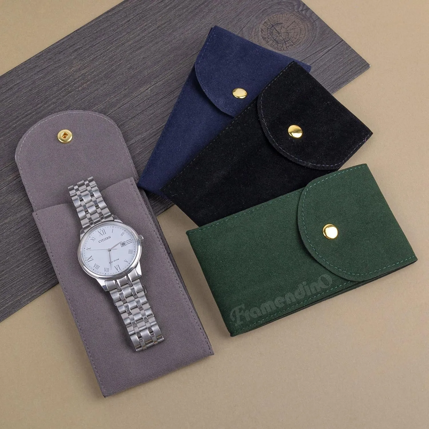 Framendino, 4 Pack Velvet Watch Pouch with Snap Button Single Portable Travel Case Storage Bag Protective Box for Jewelry Organizer (Grey & Green Navy Blue)