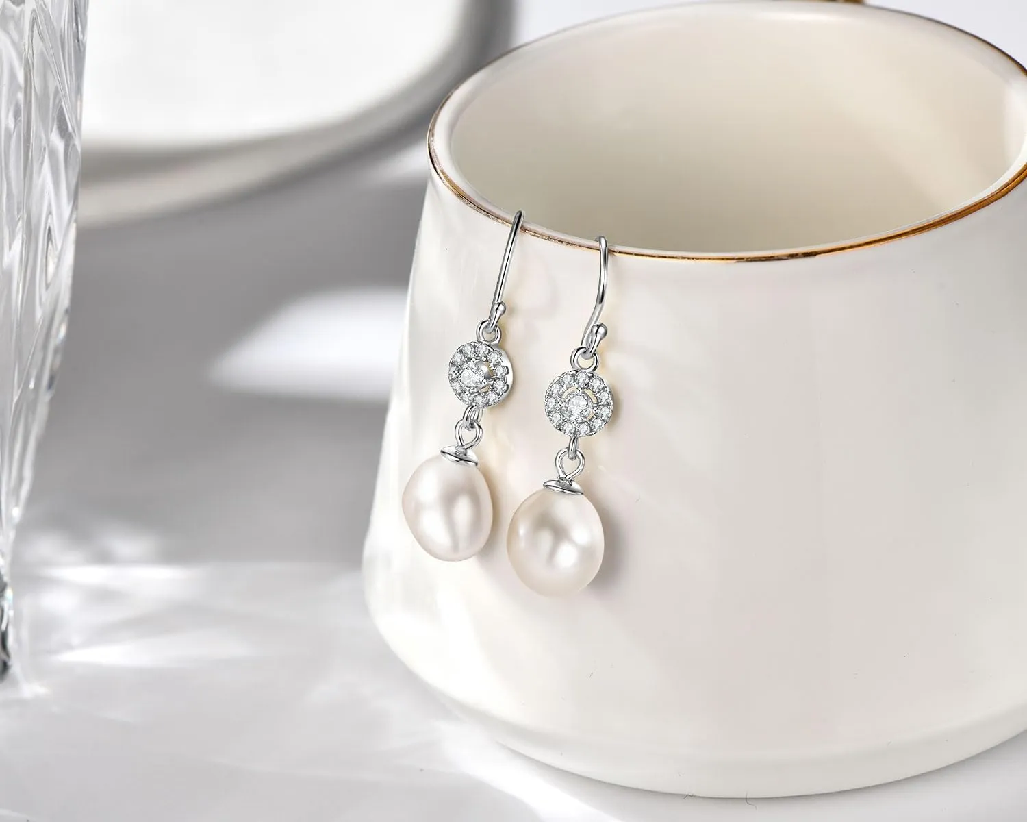 Freshwater Pearl Drop Earrings for Women, Sterling Silver Pearl Dangle Earrings Wedding Jewelry Gift for Bride Bridesmaid
