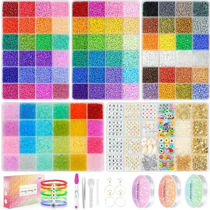 Friendship Bracelet Kit 3mm Seed Beads, 30000 Pcs 8/0 Glass Seed Beads 96 Colors Small Beads Bulk with Letter Bead Charms for Jewelry Making Girls Rings Necklaces Waist Chain DIY Craft Gift
