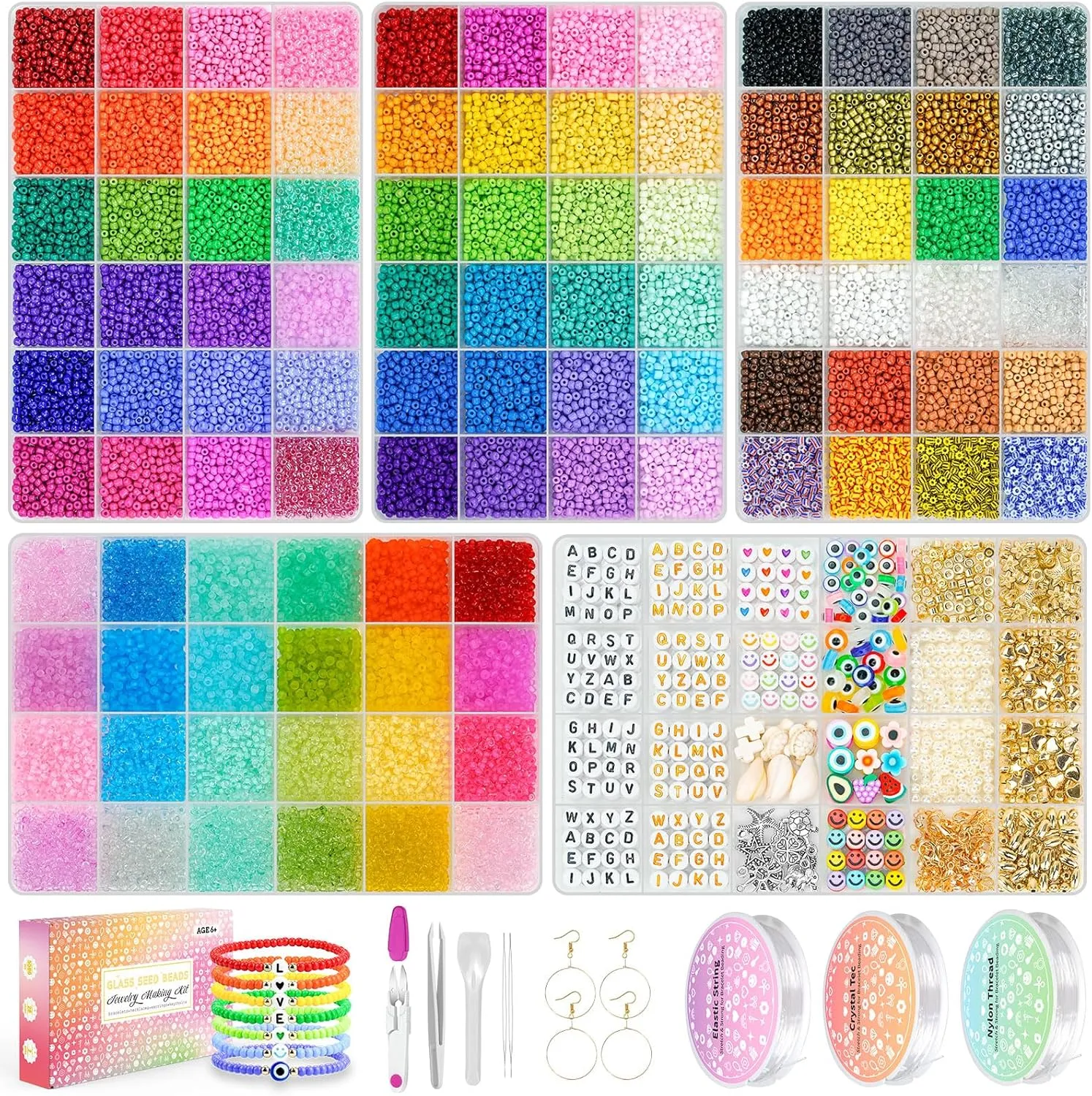 Friendship Bracelet Kit 3mm Seed Beads, 30000 Pcs 8/0 Glass Seed Beads 96 Colors Small Beads Bulk with Letter Bead Charms for Jewelry Making Girls Rings Necklaces Waist Chain DIY Craft Gift