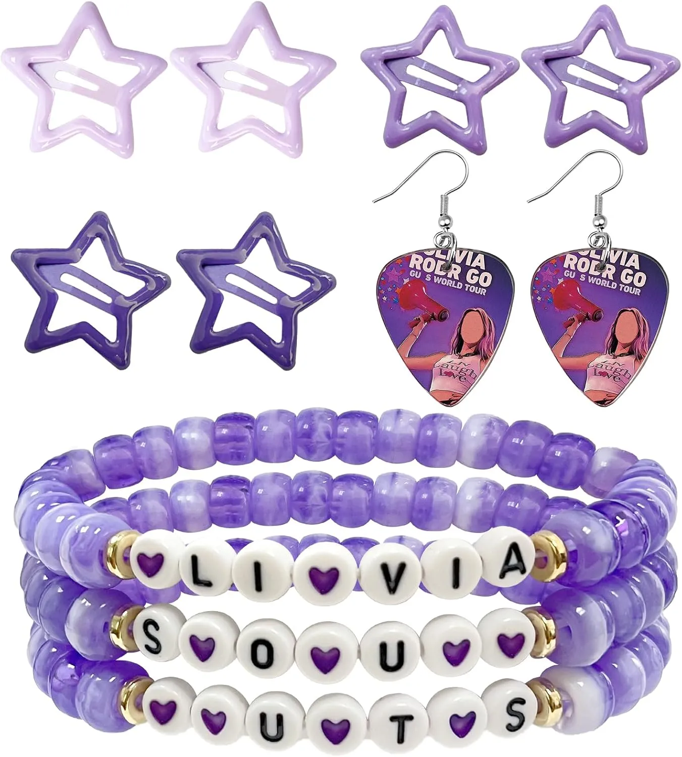 Friendship Bracelets Sets for Singer Merch, Purple Earrings and Hair Clips, Gifts for Fan, Birthdays, Concert Outfits, and Party Favors