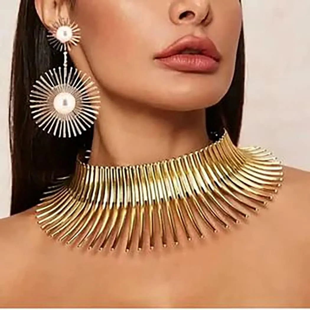 Fstrend Collar Choker Necklace Earrings Set Gold Flower Statement African Canine Tooth Shape Necklace Cleopatra Costumes Jewelry Accessories for Women and Girls