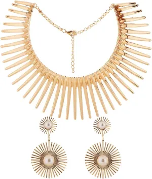 Fstrend Collar Choker Necklace Earrings Set Gold Flower Statement African Canine Tooth Shape Necklace Cleopatra Costumes Jewelry Accessories for Women and Girls
