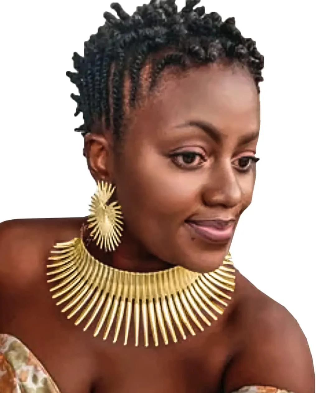 Fstrend Collar Choker Necklace Earrings Set Gold Flower Statement African Canine Tooth Shape Necklace Cleopatra Costumes Jewelry Accessories for Women and Girls