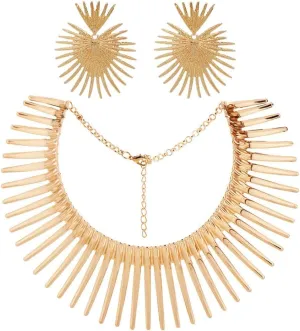 Fstrend Collar Choker Necklace Earrings Set Gold Flower Statement African Canine Tooth Shape Necklace Cleopatra Costumes Jewelry Accessories for Women and Girls