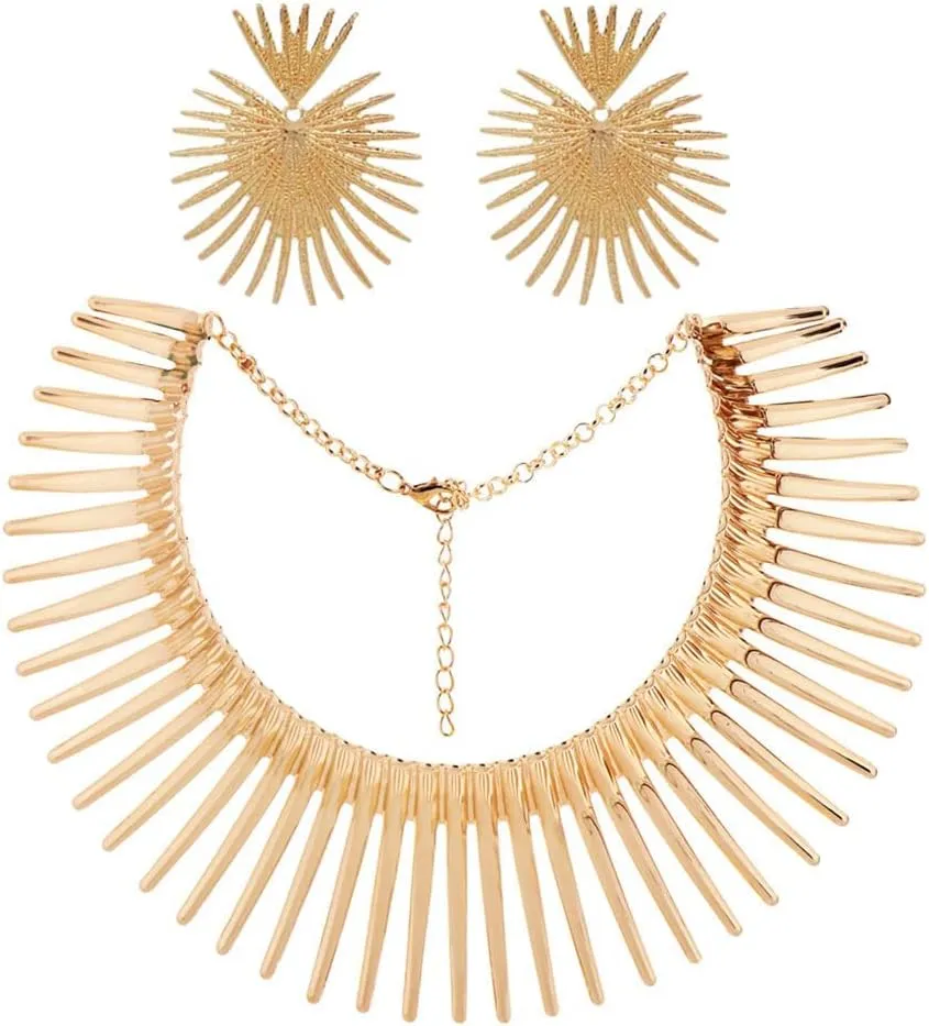 Fstrend Collar Choker Necklace Earrings Set Gold Flower Statement African Canine Tooth Shape Necklace Cleopatra Costumes Jewelry Accessories for Women and Girls