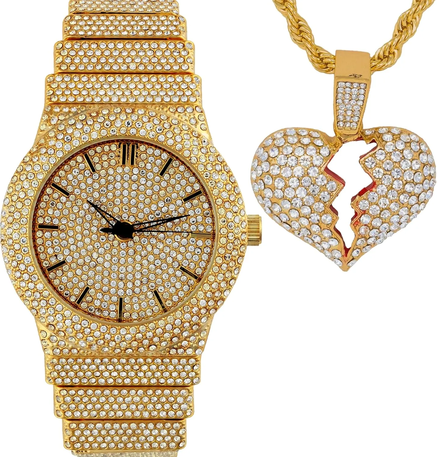 Full Iced Bling Out Religious Jesus Cross Pendant Charm 24" Twisted Rope Chain Set, Men/Women, CZ Crystal Diamonds White Gold Plated Rhodium Finish Watch Gift Set