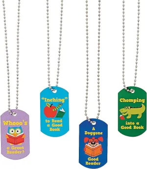 Fun Express I Love Reading Dog Tag Necklaces - 12 Pieces - Educational and Learning Activities for Kids
