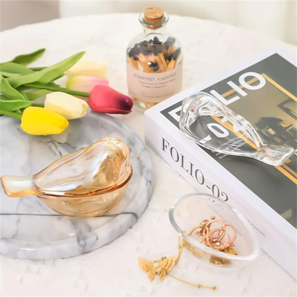 Funny live Bird Shaped Glass Jewelry Box Organizer, Transparent Glass Art Home Decor Novel Jewelry Storage Decoration Ring Earring Holder for Women Girls (Amber)