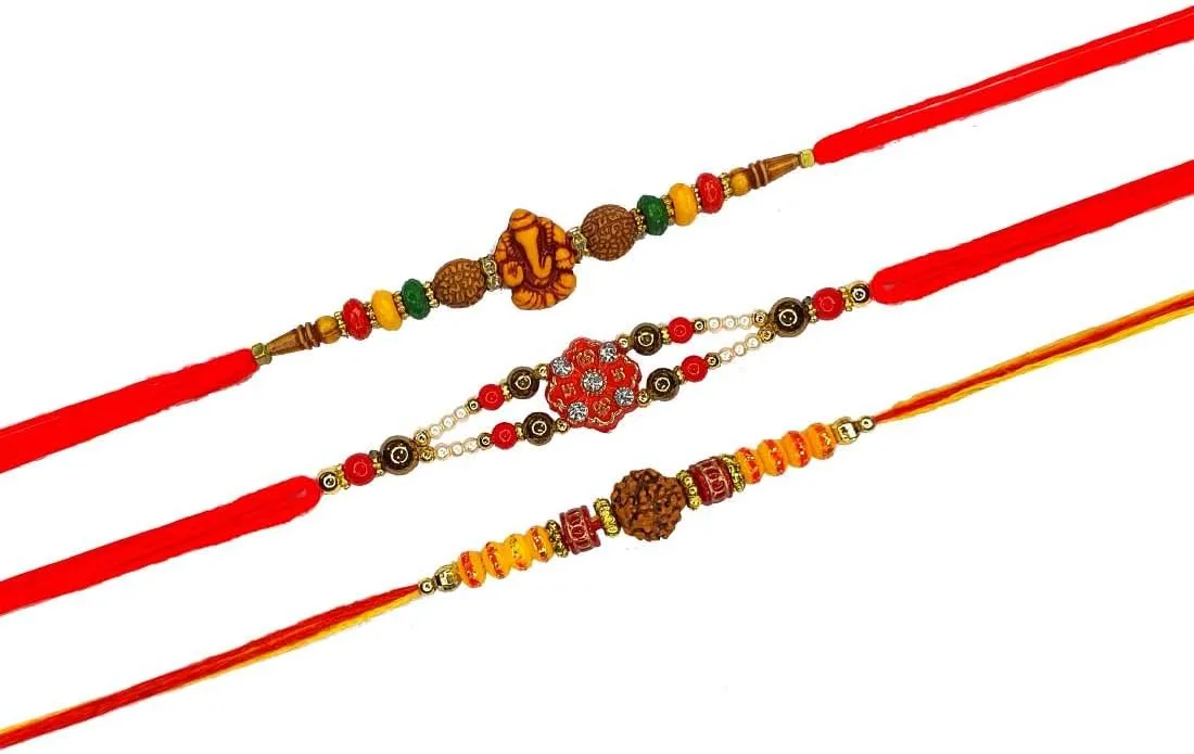 Ganesh & OM Designer Raksha Sutra Dhaga for Pooja, Bracelet for Brother on Multicolor Beads Traditional Thread Set of 3