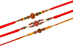 Ganesh & OM Designer Raksha Sutra Dhaga for Pooja, Bracelet for Brother on Multicolor Beads Traditional Thread Set of 3