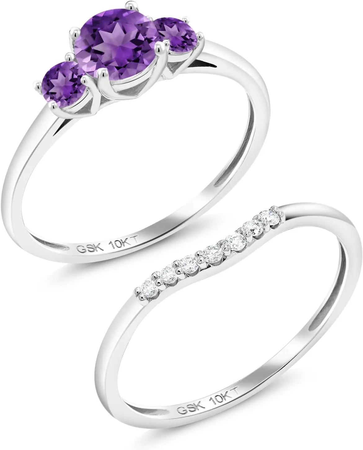 Gem Stone King 10K White Gold Purple Amethyst and White Lab Grown Diamond Engagement Ring | 3-Stone Bridal Wedding Ring Set For Women | 0.72 Cttw | Available in Size 5,6,7,8,9