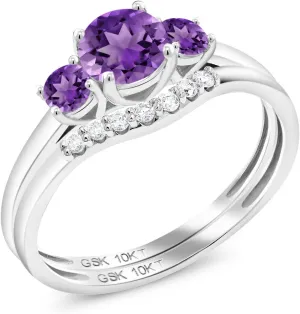 Gem Stone King 10K White Gold Purple Amethyst and White Lab Grown Diamond Engagement Ring | 3-Stone Bridal Wedding Ring Set For Women | 0.72 Cttw | Available in Size 5,6,7,8,9
