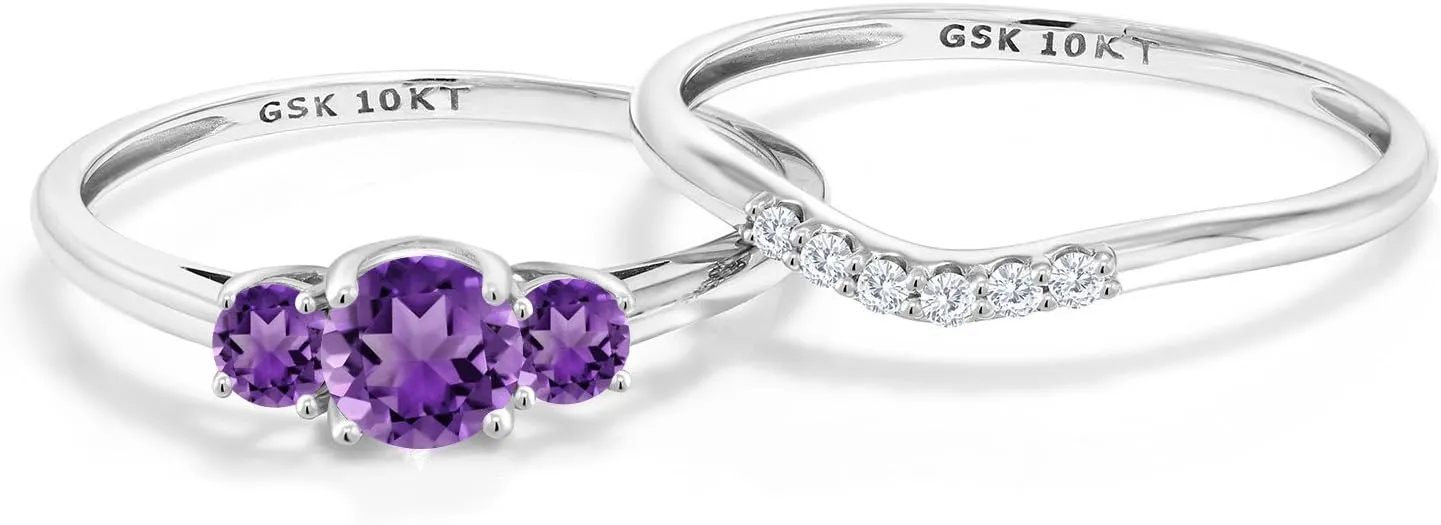 Gem Stone King 10K White Gold Purple Amethyst and White Lab Grown Diamond Engagement Ring | 3-Stone Bridal Wedding Ring Set For Women | 0.72 Cttw | Available in Size 5,6,7,8,9